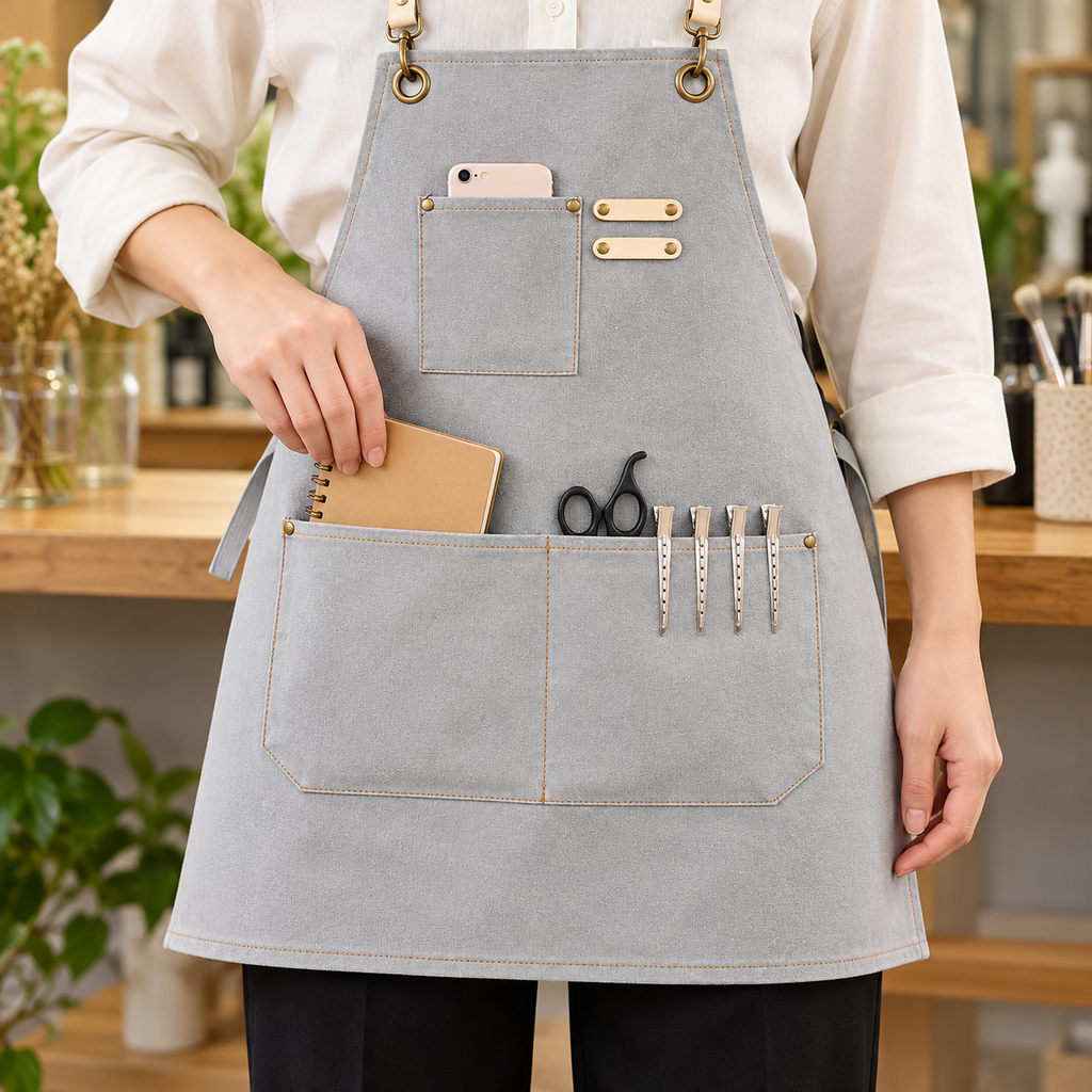 Using the lower apron pocket; notebook and salon clips are not included.
