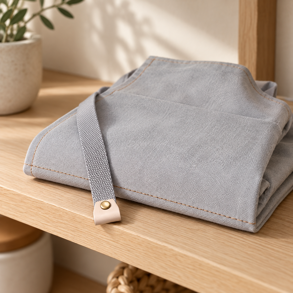 Folded light grey canvas apron with waist tie and hem detail.