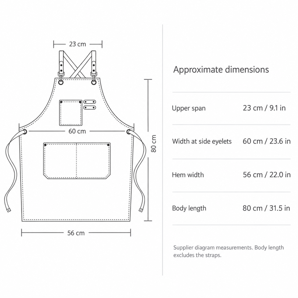 Approximate supplier dimensions: upper span 23 cm / 9.1 in; width at side eyelets 60 cm / 23.6 in; hem width 56 cm / 22.0 in; body length excluding straps 80 cm / 31.5 in.
