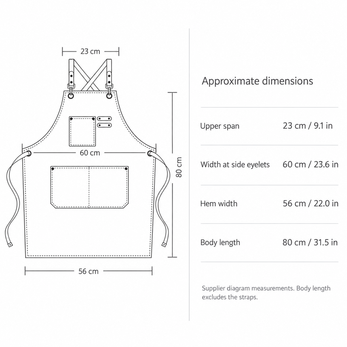 Approximate supplier dimensions: upper span 23 cm / 9.1 in; width at side eyelets 60 cm / 23.6 in; hem width 56 cm / 22.0 in; body length excluding straps 80 cm / 31.5 in.