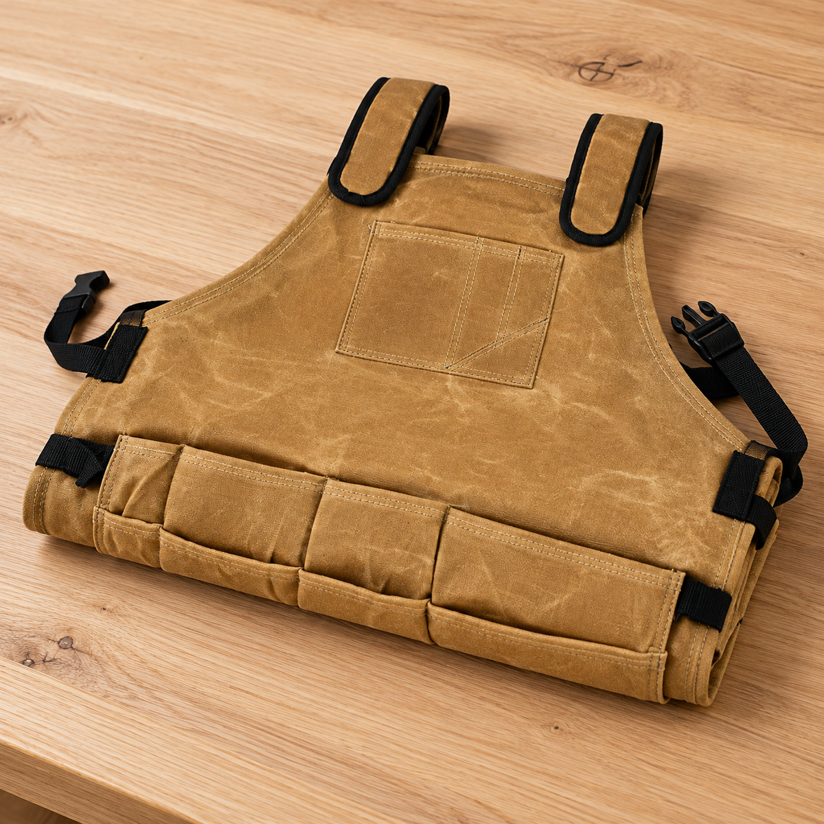 Apron folded for storage to show the fabric and front construction; surface styling is not included.