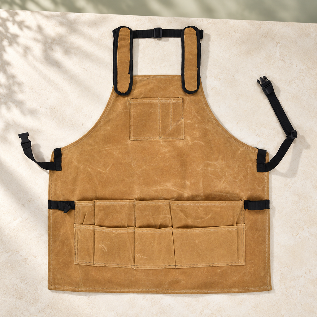 Khaki multi-pocket work apron with padded shoulder straps; tools and styling accessories are not included.