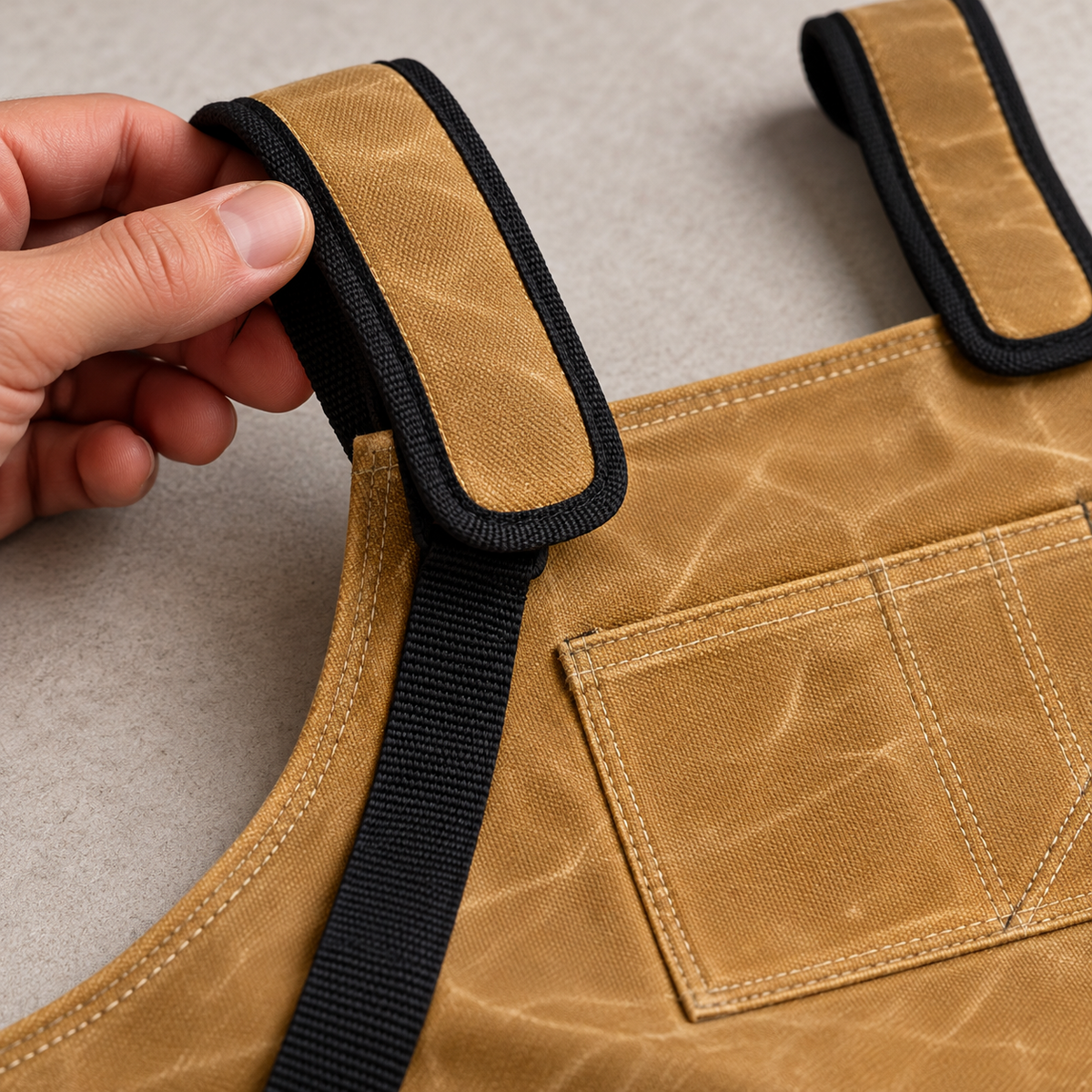 Hand-held detail of a khaki apron shoulder pad, black edge binding and webbing.