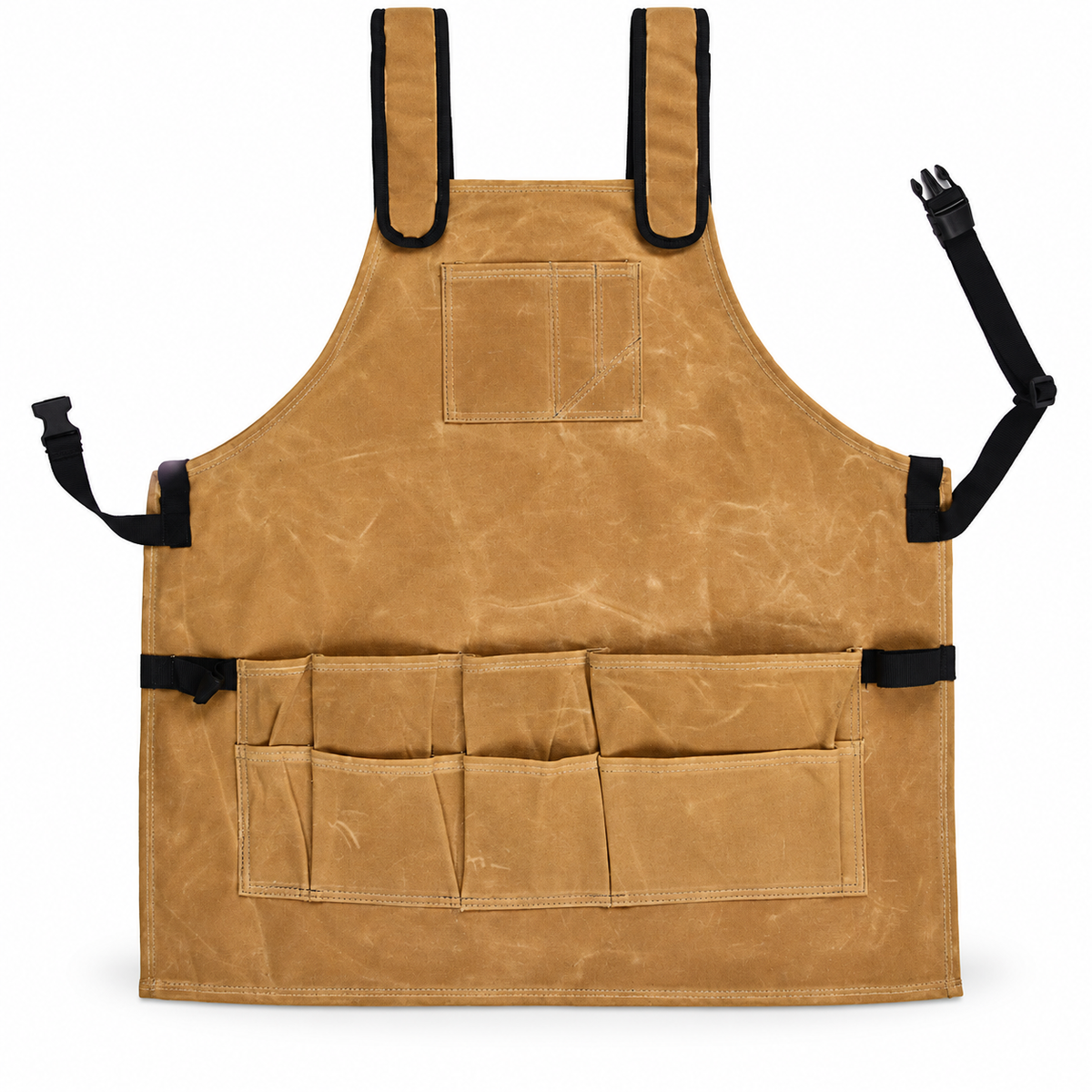 Khaki waxed-canvas work apron with padded shoulder straps and layered front pockets on white.
