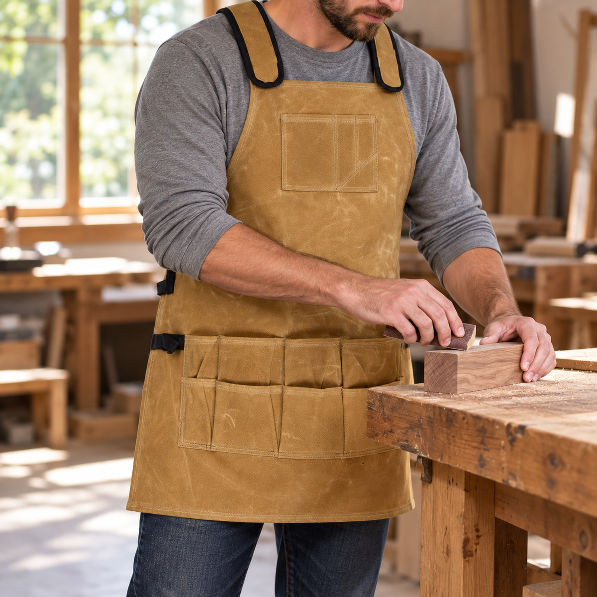Khaki waxed-canvas apron worn during craft work; tools and workbench are not included.