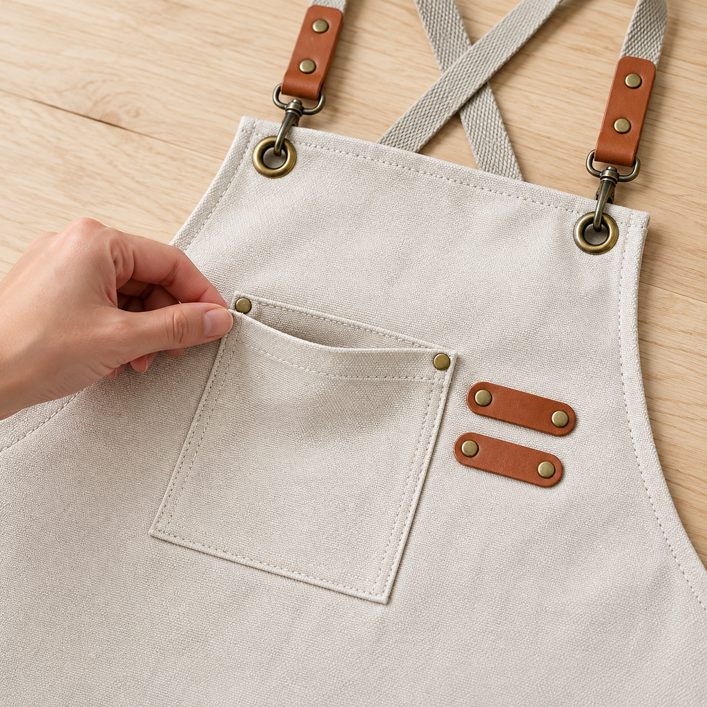 Beige canvas apron chest pocket opening, brown tabs and shoulder clips shown close up.
