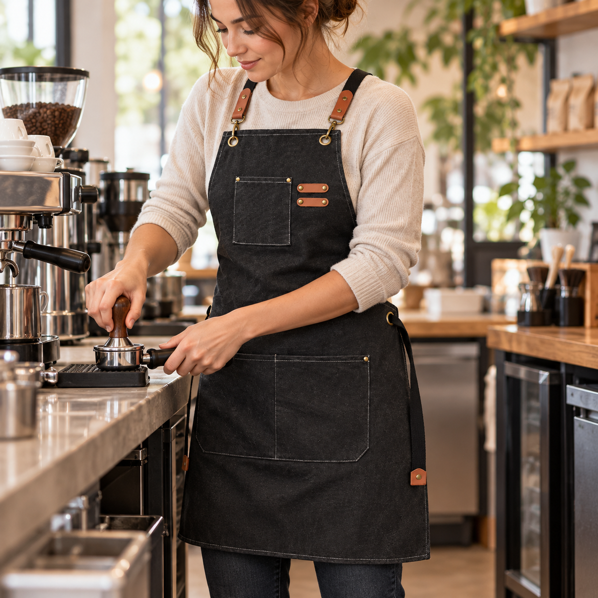 Black canvas barista apron in coffee preparation use; coffee equipment and clothing are not included.