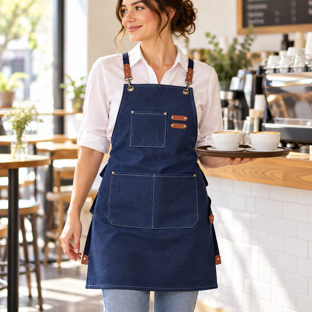 Blue canvas apron worn while carrying coffee; cups, tray and clothing are styling props and are not included.