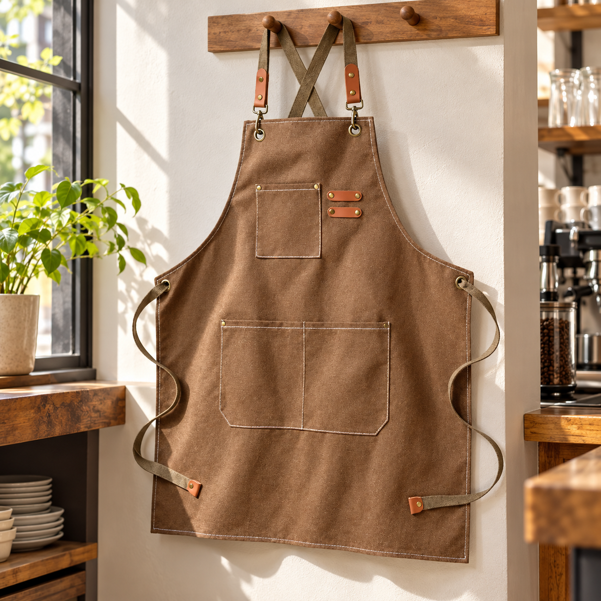 Brown canvas apron hanging from its straps, showing chest and divided lower pockets; room styling is not included.