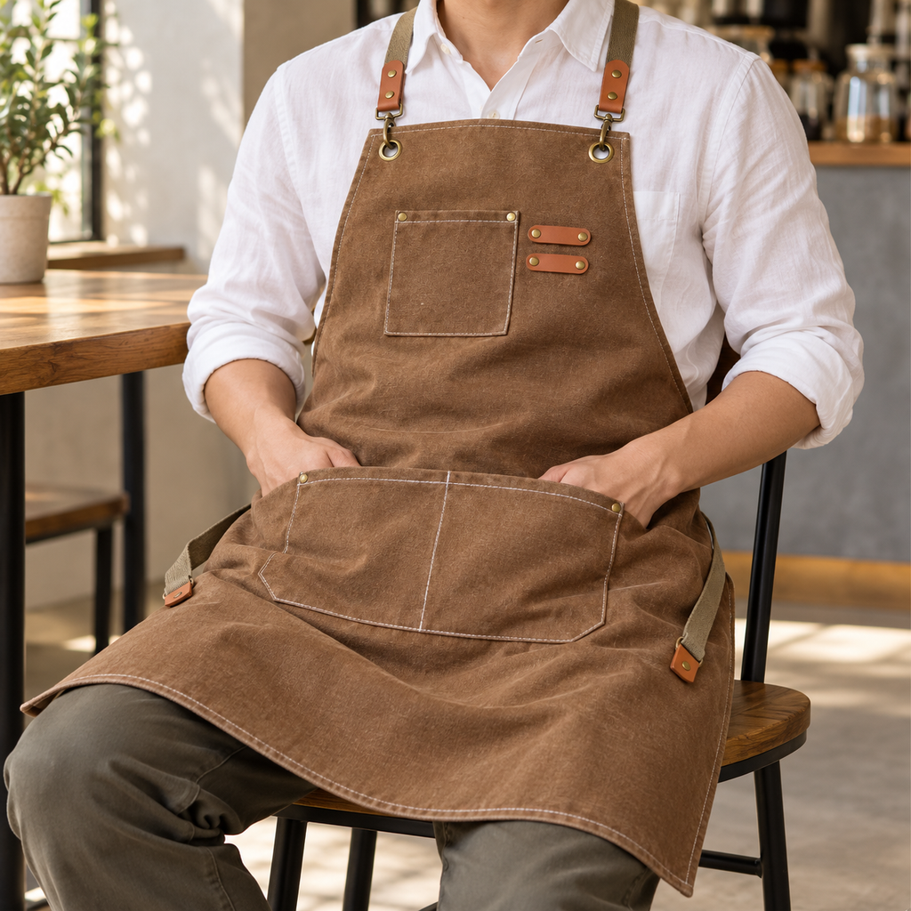 Brown canvas apron worn while seated, showing chest and lower divided pockets; clothing and furniture are not included.