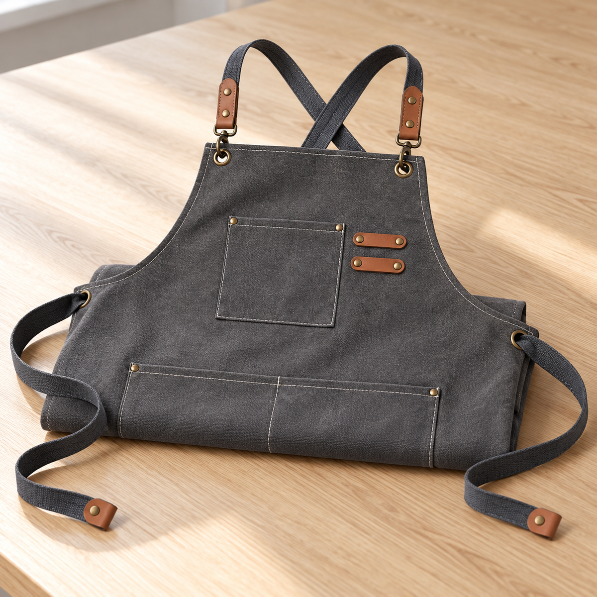 Gray canvas cross-back apron partially folded to show front pockets, straps and fabric.