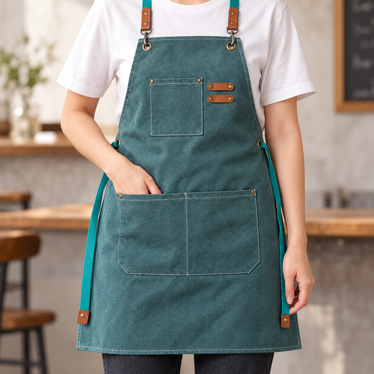 Green canvas apron worn with a hand demonstrating a lower pocket; clothing is not included.