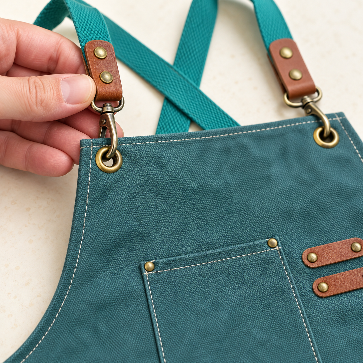 Green canvas apron shoulder strap clip and eyelet detail.