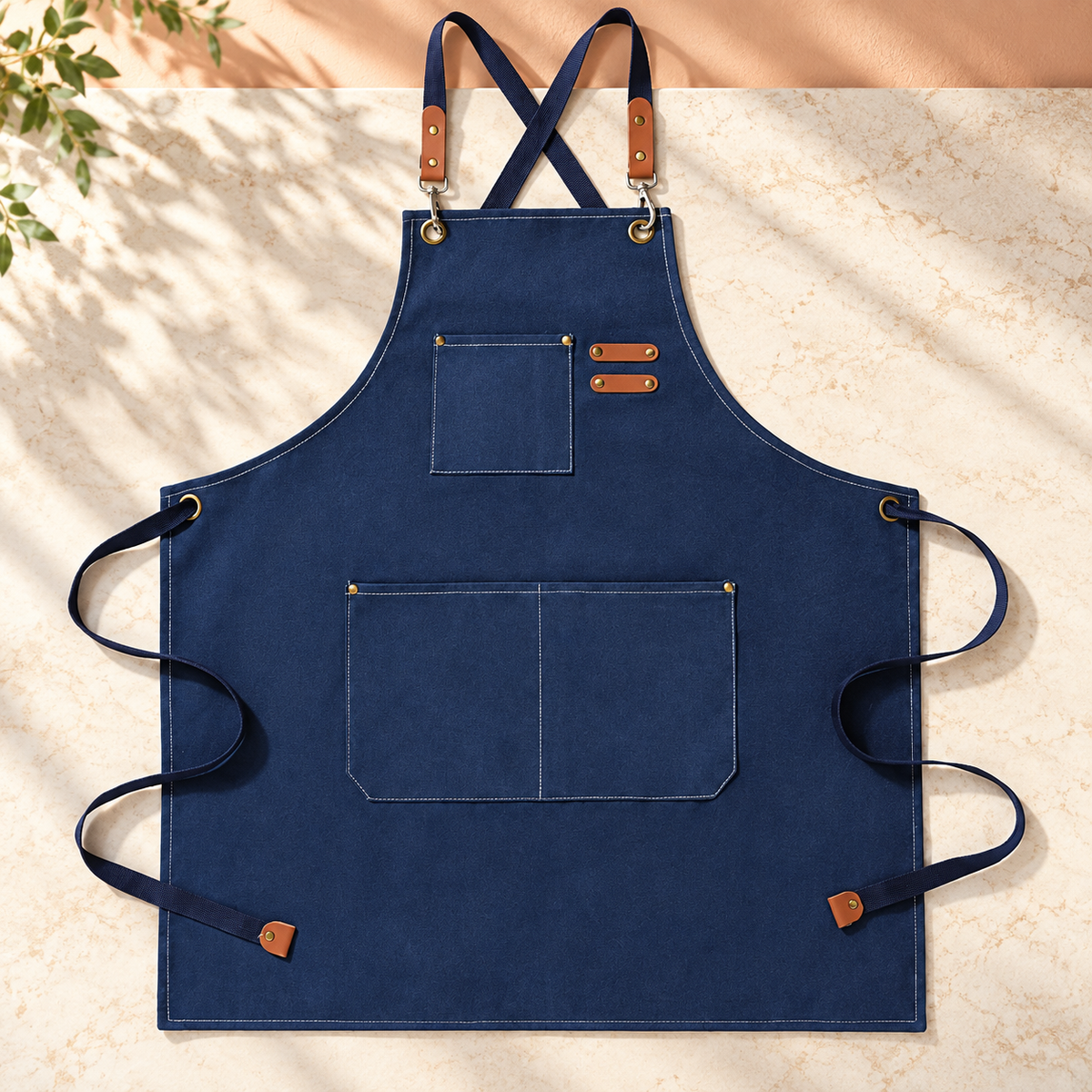 Blue cross-back barista apron with brown strap details and front pockets; other colors and styling accessories are not pictured.