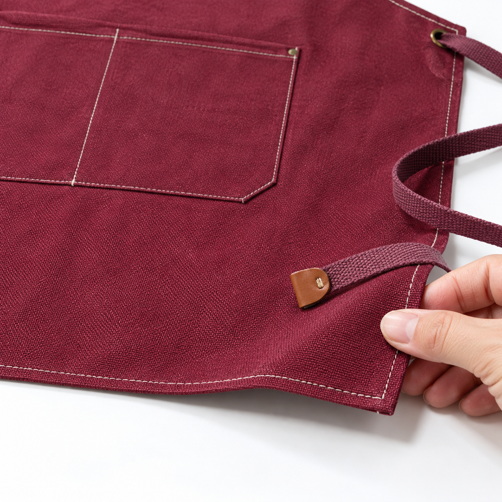 Red canvas apron lower hem, stitching and strap-end detail.