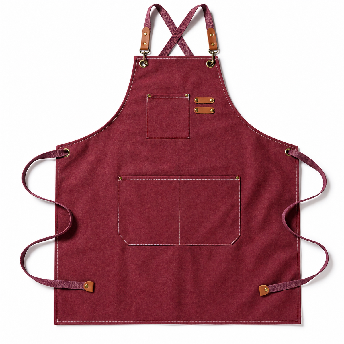 Red canvas cross-back apron shown fully from the front on a white background.
