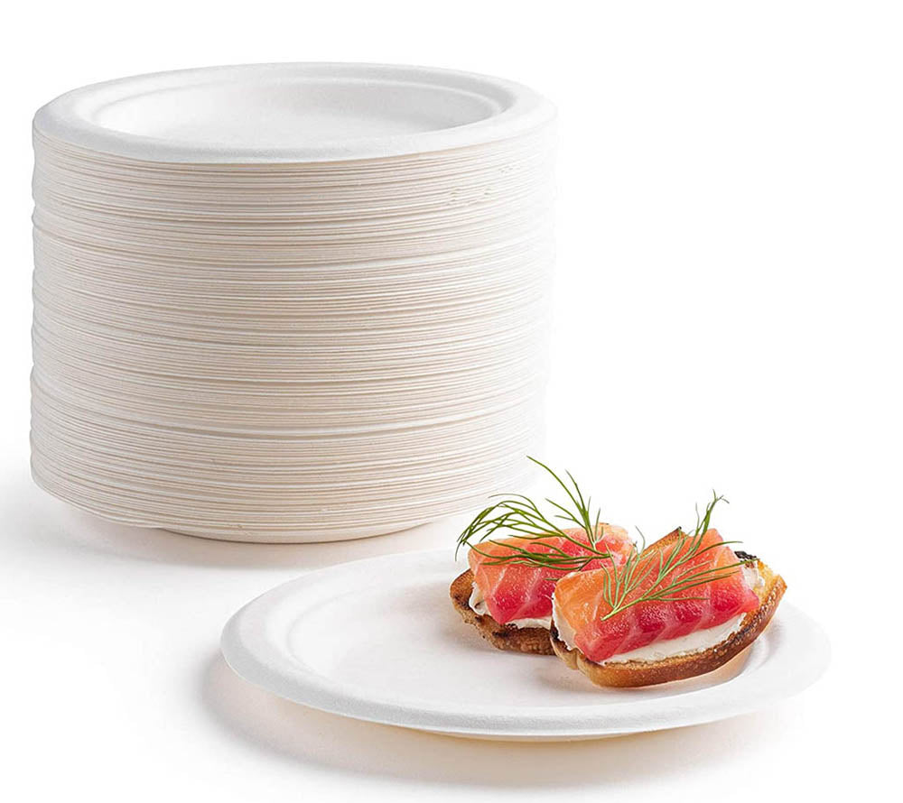 White round plates shown as a stack and one serving plate. Representative arrangement; food not included.