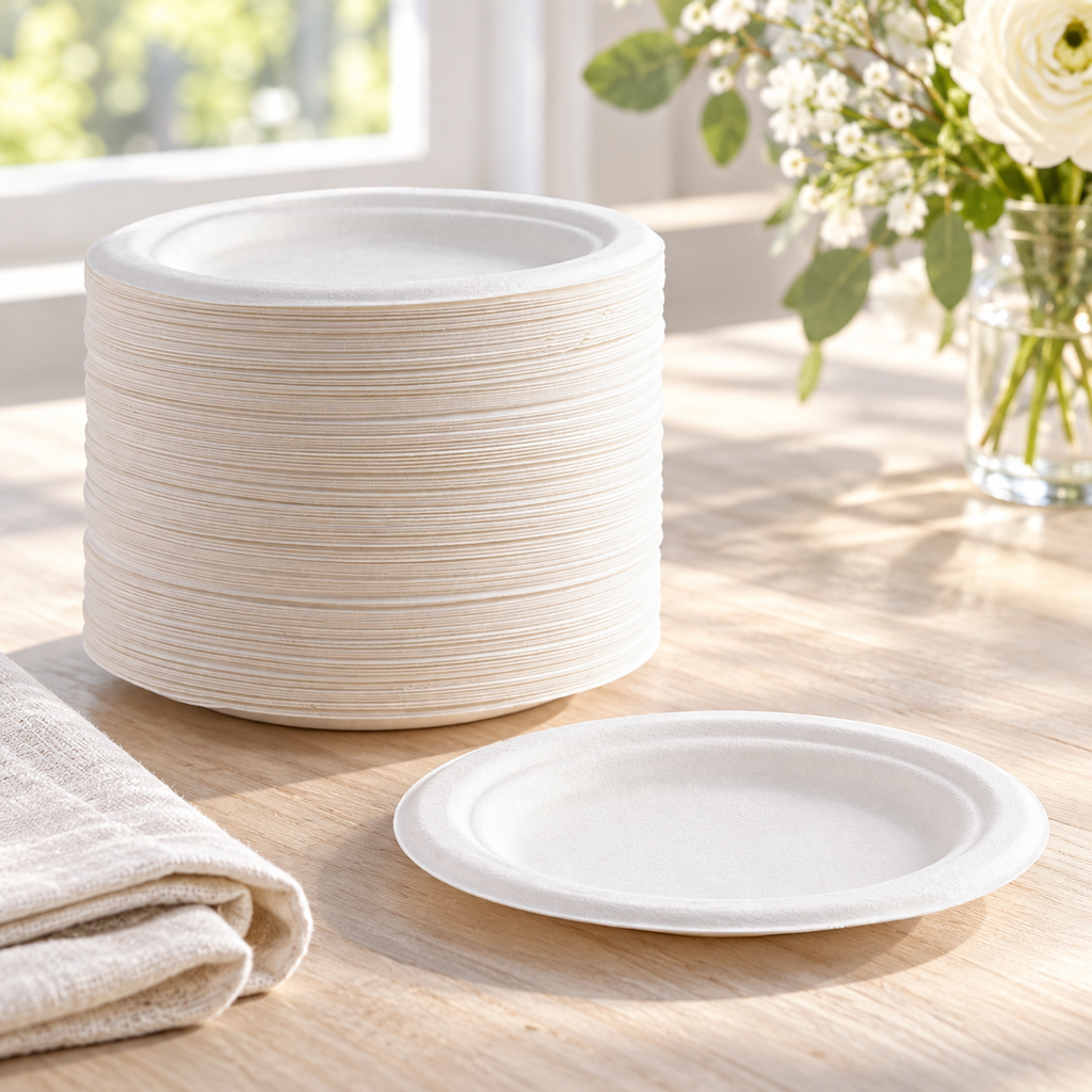 A stack of white round plates and one empty plate by a bright window. Representative arrangement; not the full pack quantity.