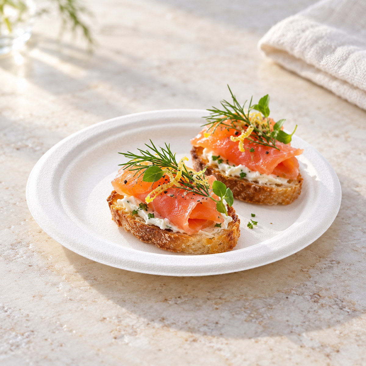 A small white round plate with two canapes. Food and styling props not included.