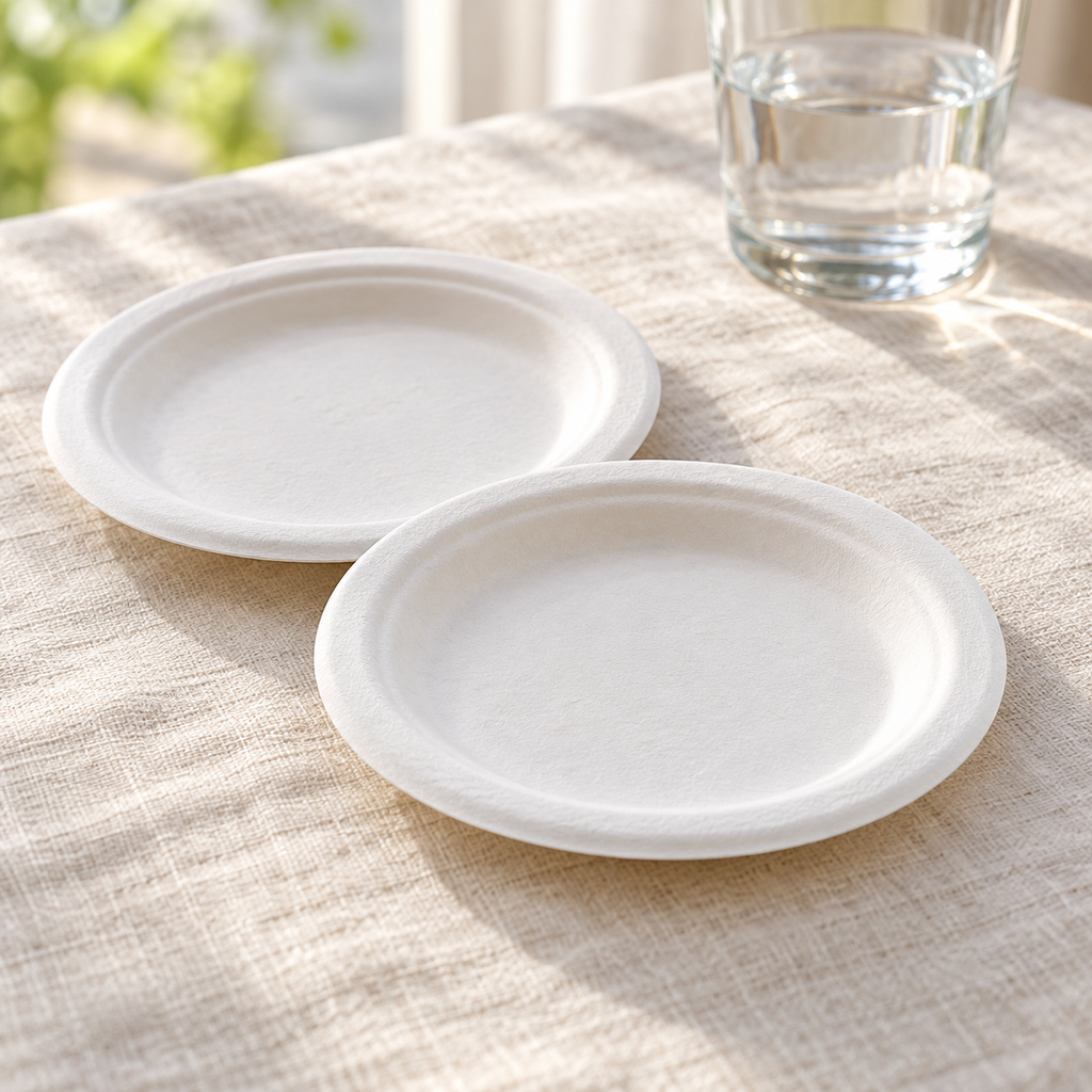 Two white round plates face up on a linen table. Representative arrangement; not the full pack quantity.