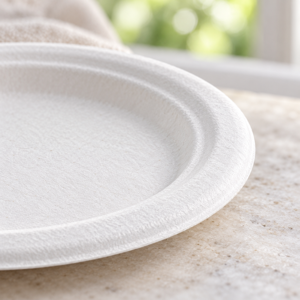 Close-up of the white plate’s rounded rim and matte surface.