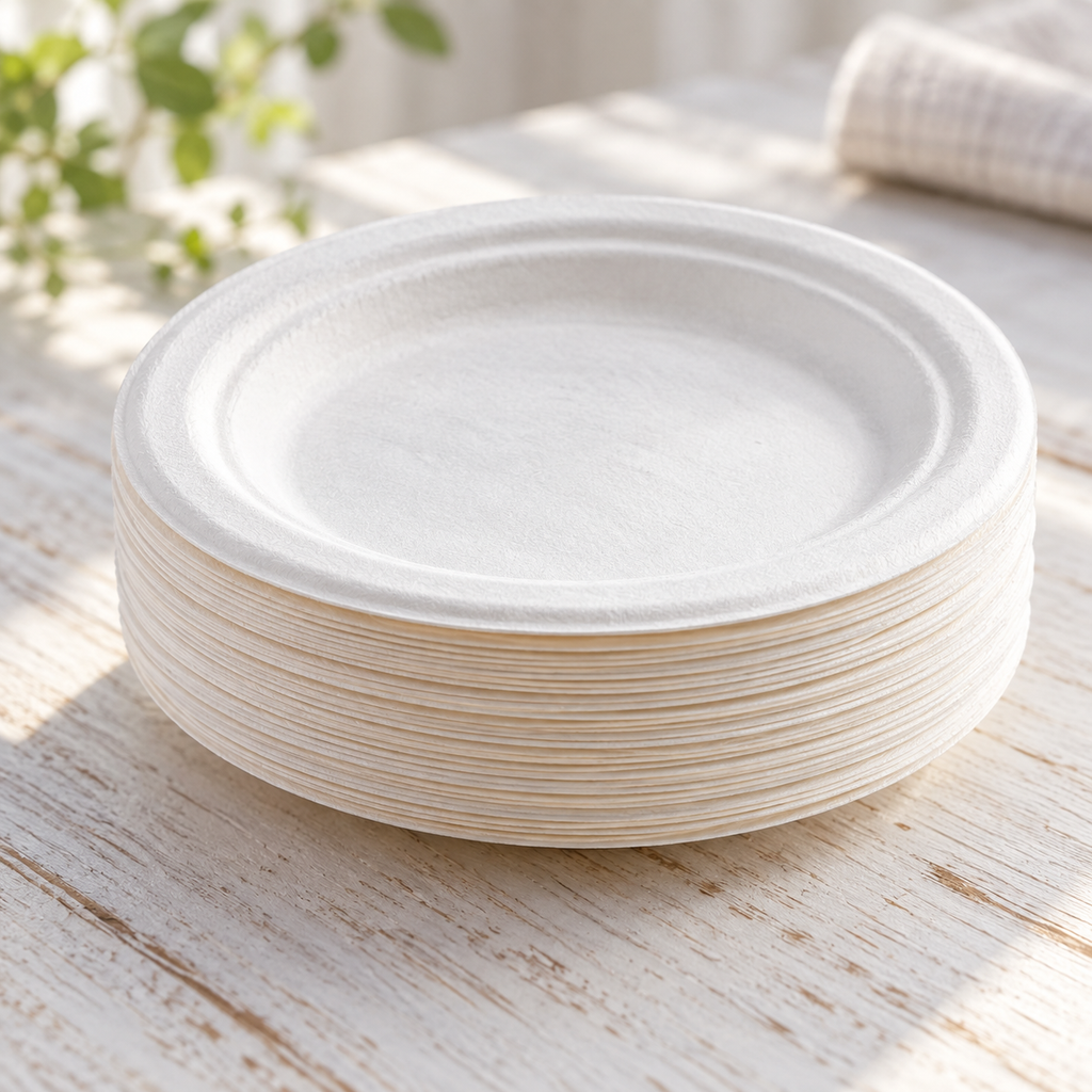 Close-up of nested white plate edges. Representative arrangement; not the full pack quantity.