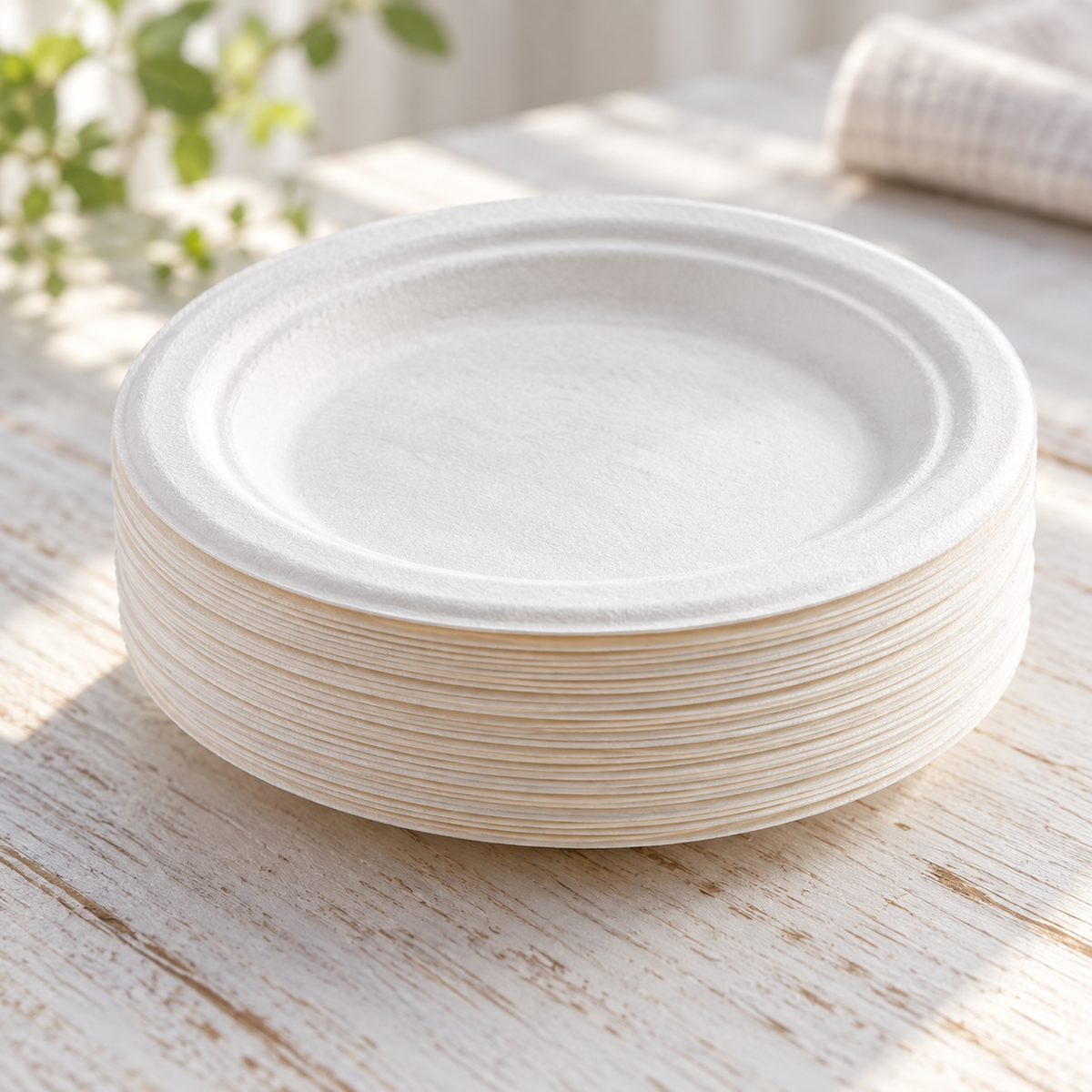 Close-up of nested white plate edges. Representative arrangement; not the full pack quantity.