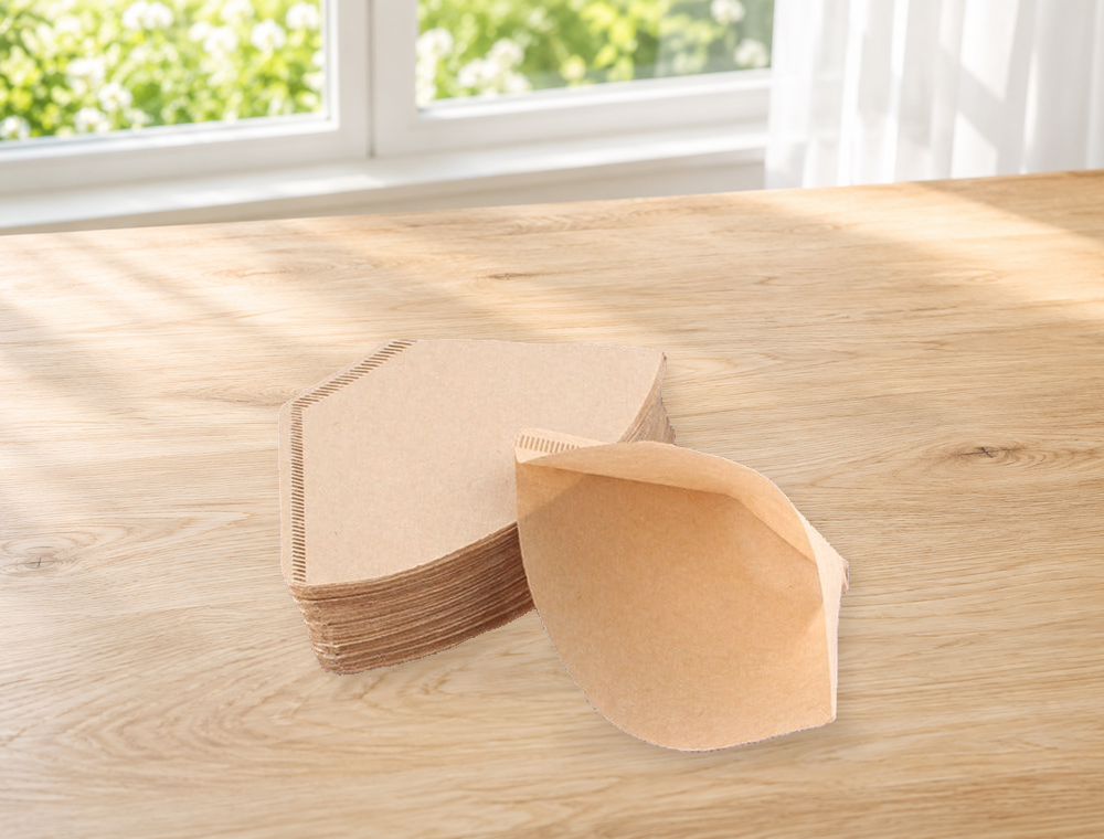 Paper filter stack and opened filter beside a bright window; background styling is not included.