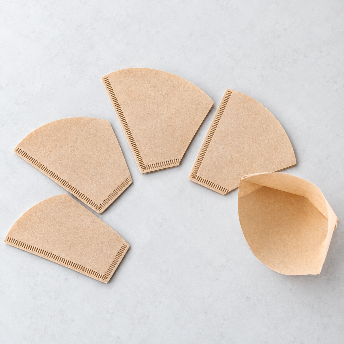 Overhead arrangement of flat and opened fan-shaped paper filters; representative pieces from the 50-pack.