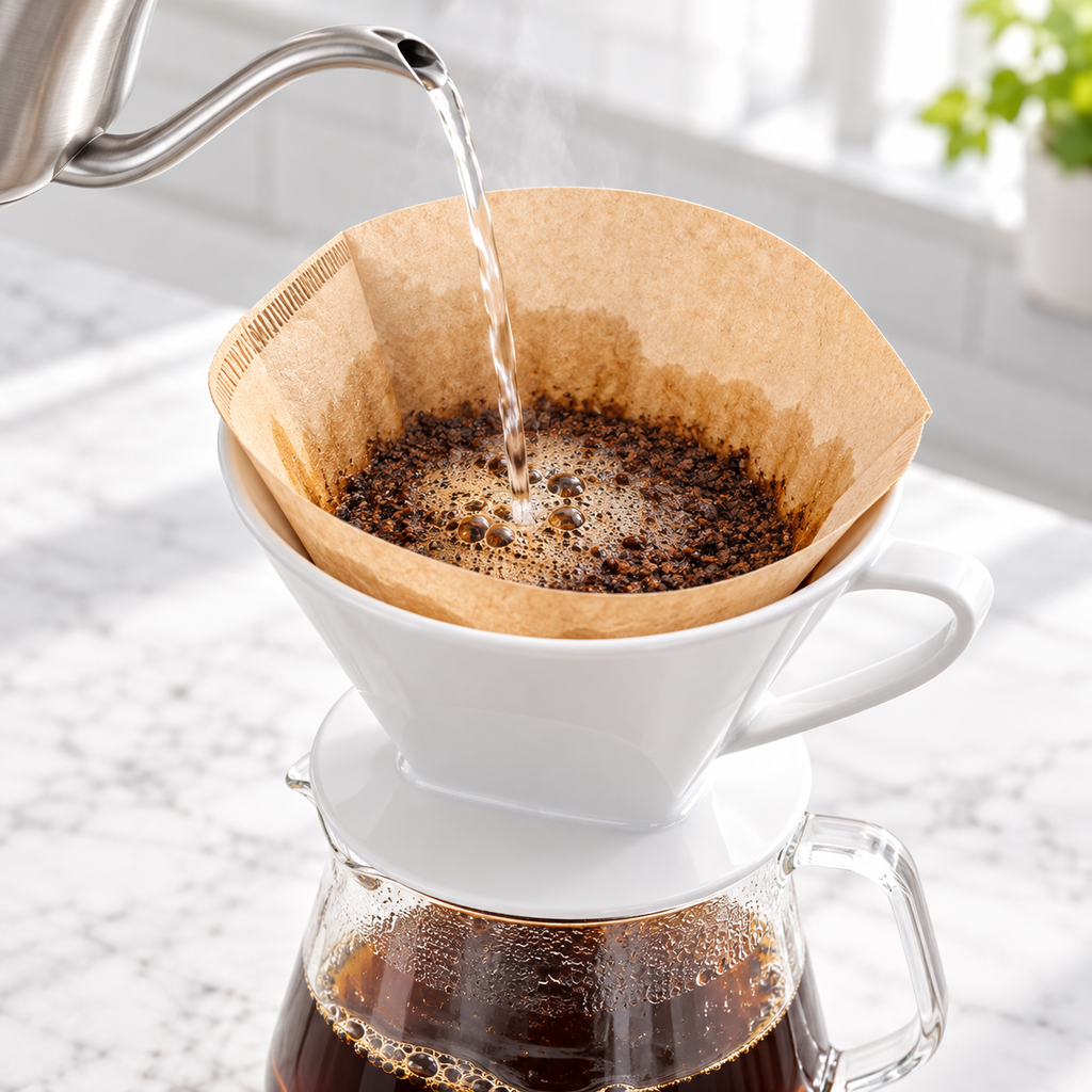 Brown fan-shaped coffee filter in use in a compatible dripper; brewer, server and coffee are not included.