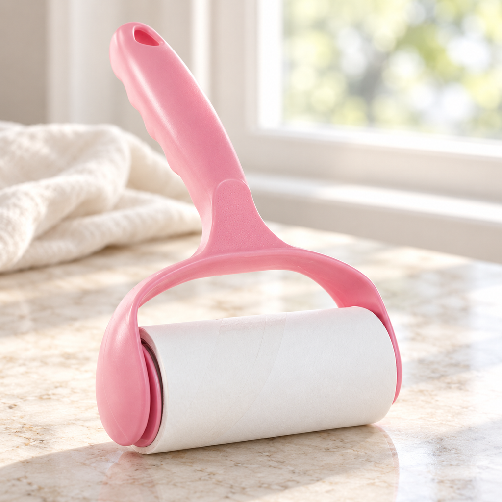 Pink lint roller beside a bright window; cloth and countertop are styling props.