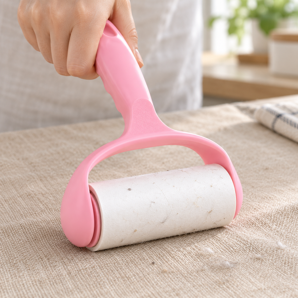 Hand using the pink lint roller on fabric.
