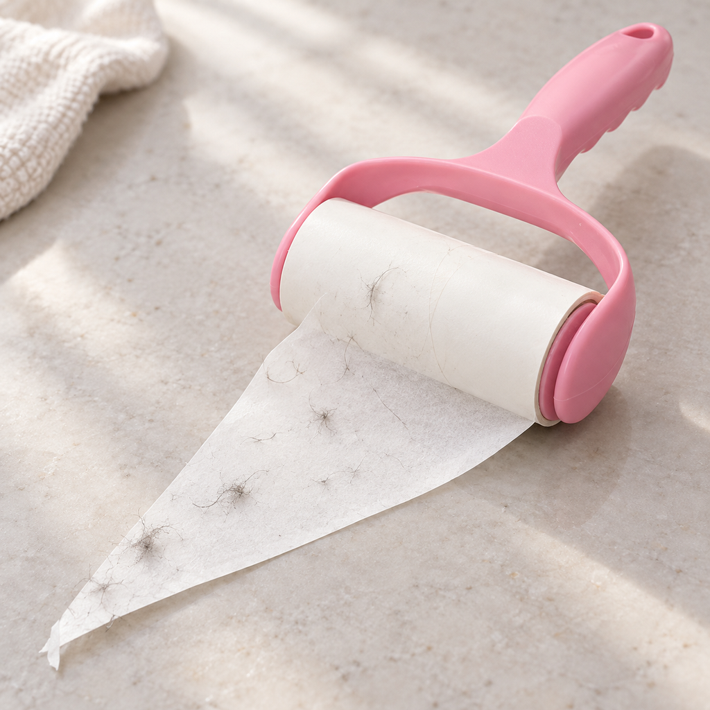 Close view of a paper sheet peeling from the pink lint roller.