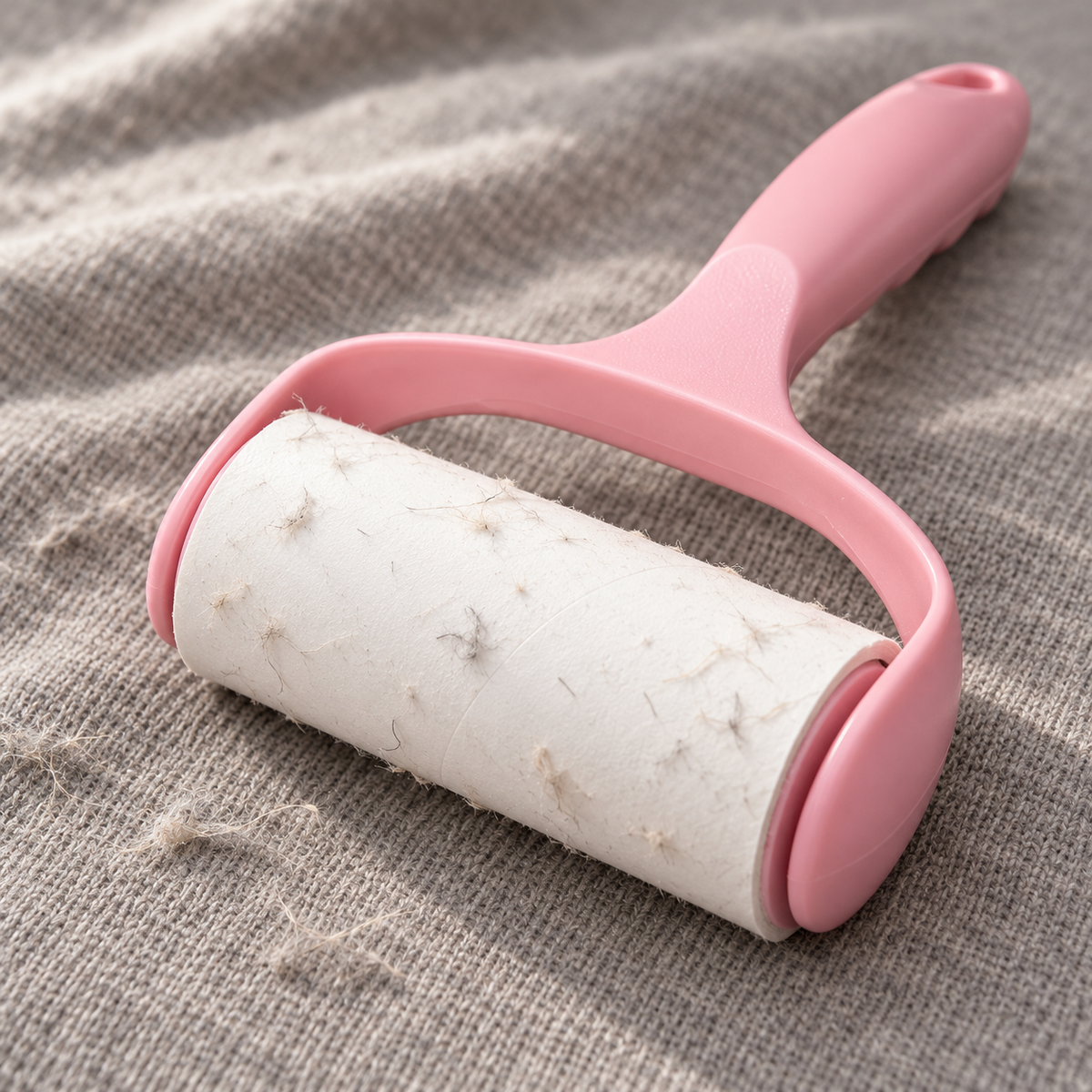 Pink lint roller collecting loose debris from fabric.