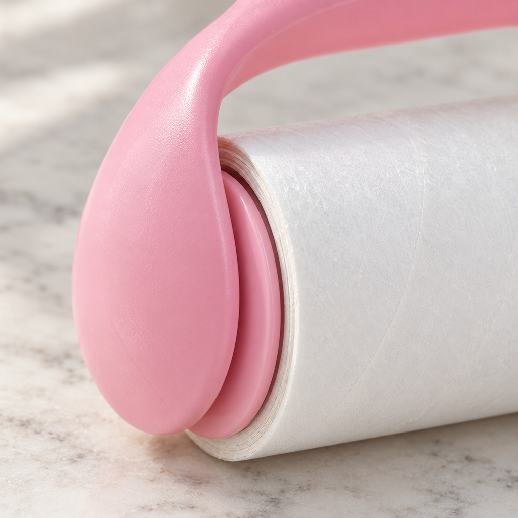 Close detail of the pink roller support and rolled paper layers.