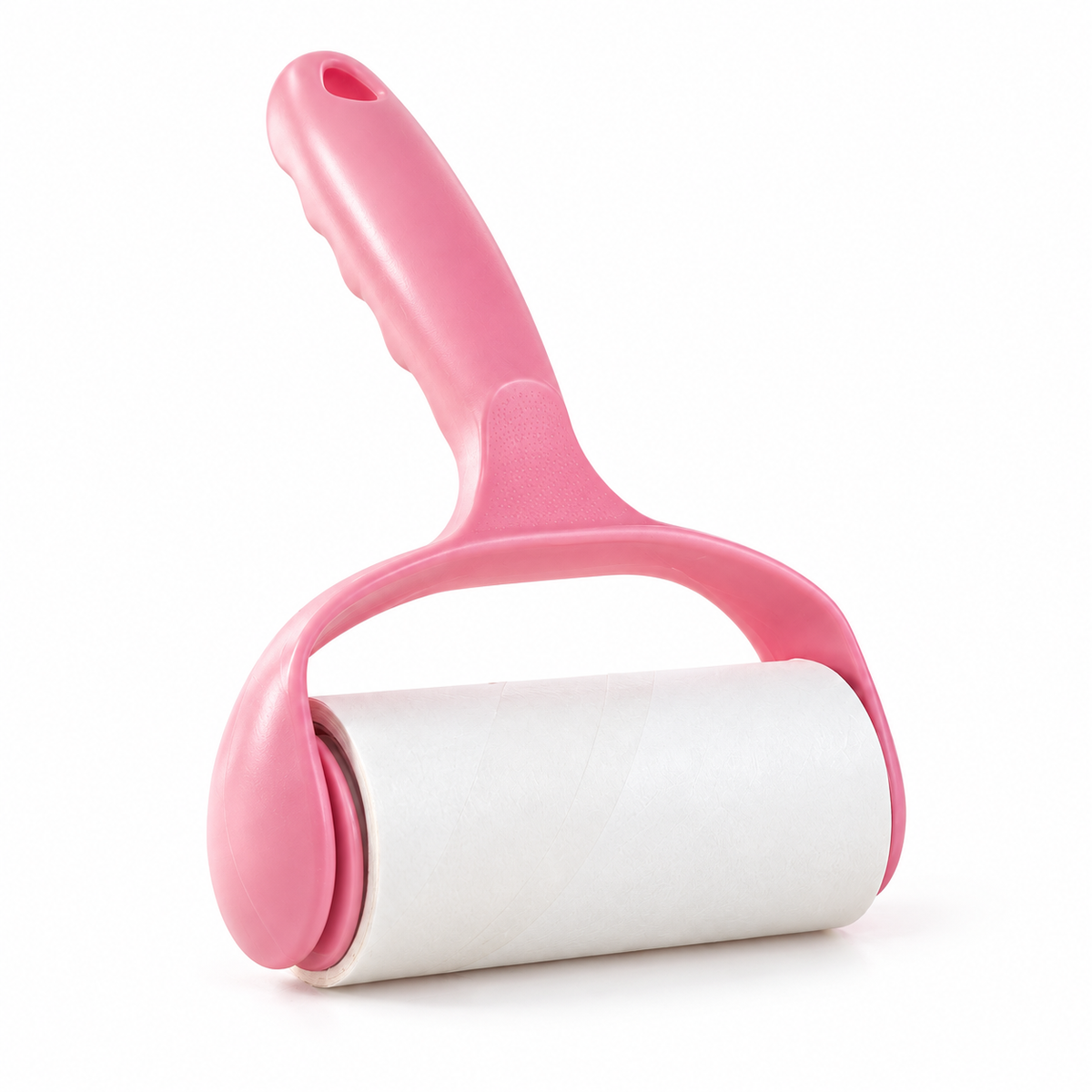 Pink lint roller with one loaded white adhesive-paper roll on white, showing its molded handle, arched support and rounded end caps. The selected option includes one handle and two rolls; the extra roll is not shown.