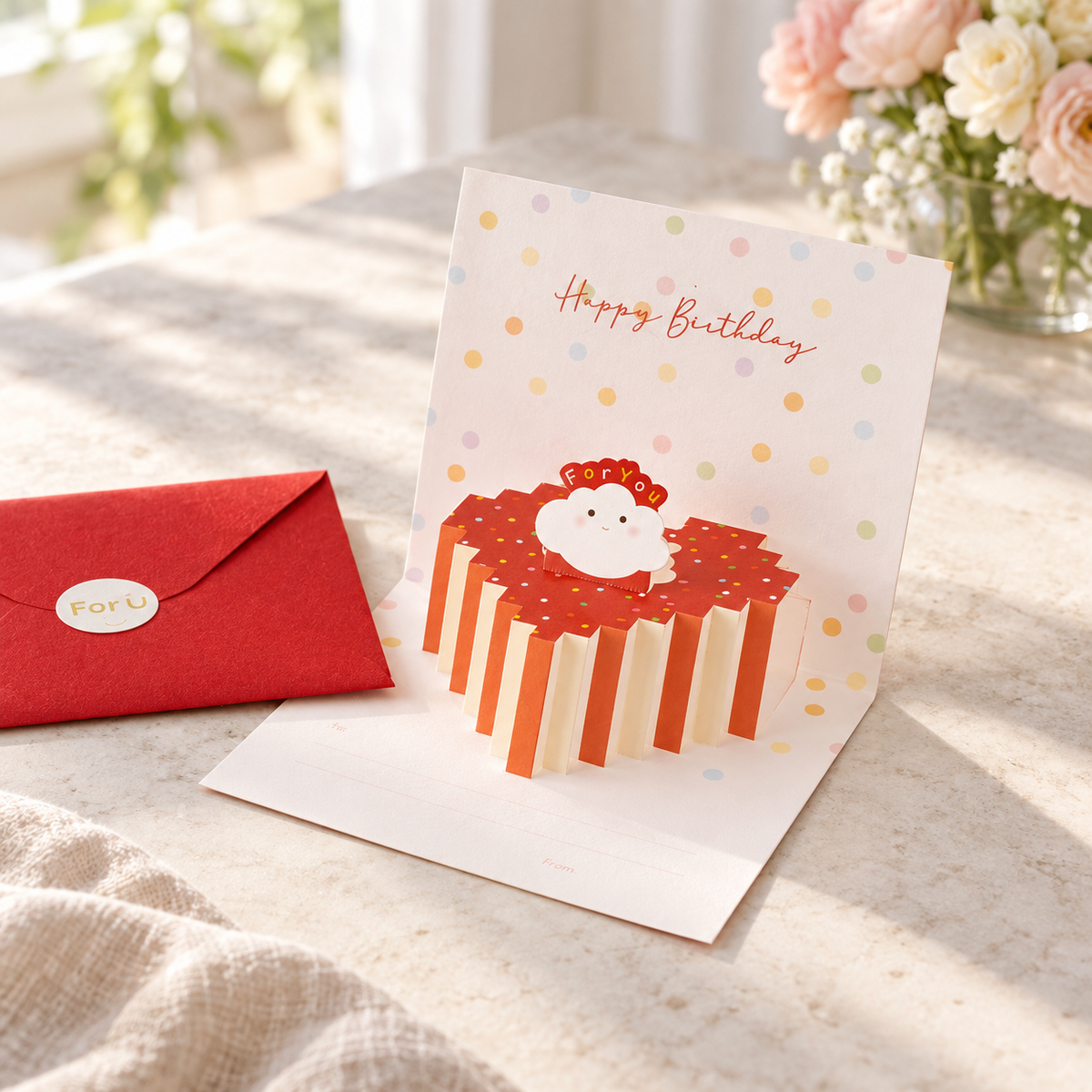Design B birthday card on a gifting table with its red envelope; styling props not included.