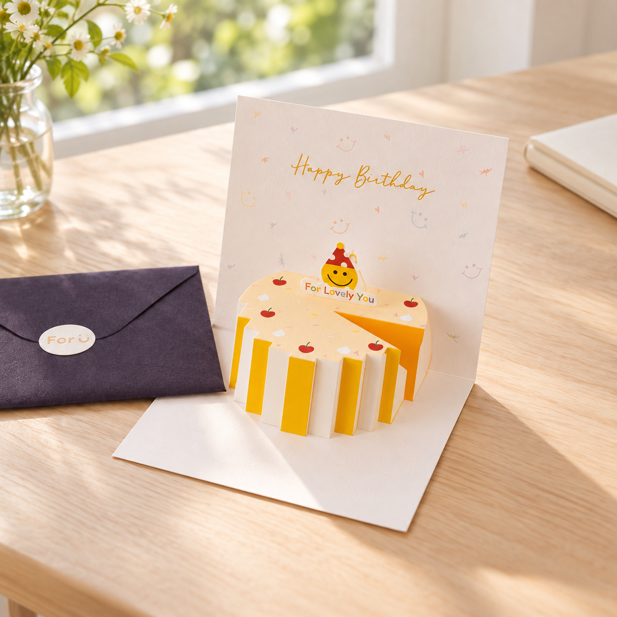 Design D birthday card and dark envelope on a writing desk; styling props not included.