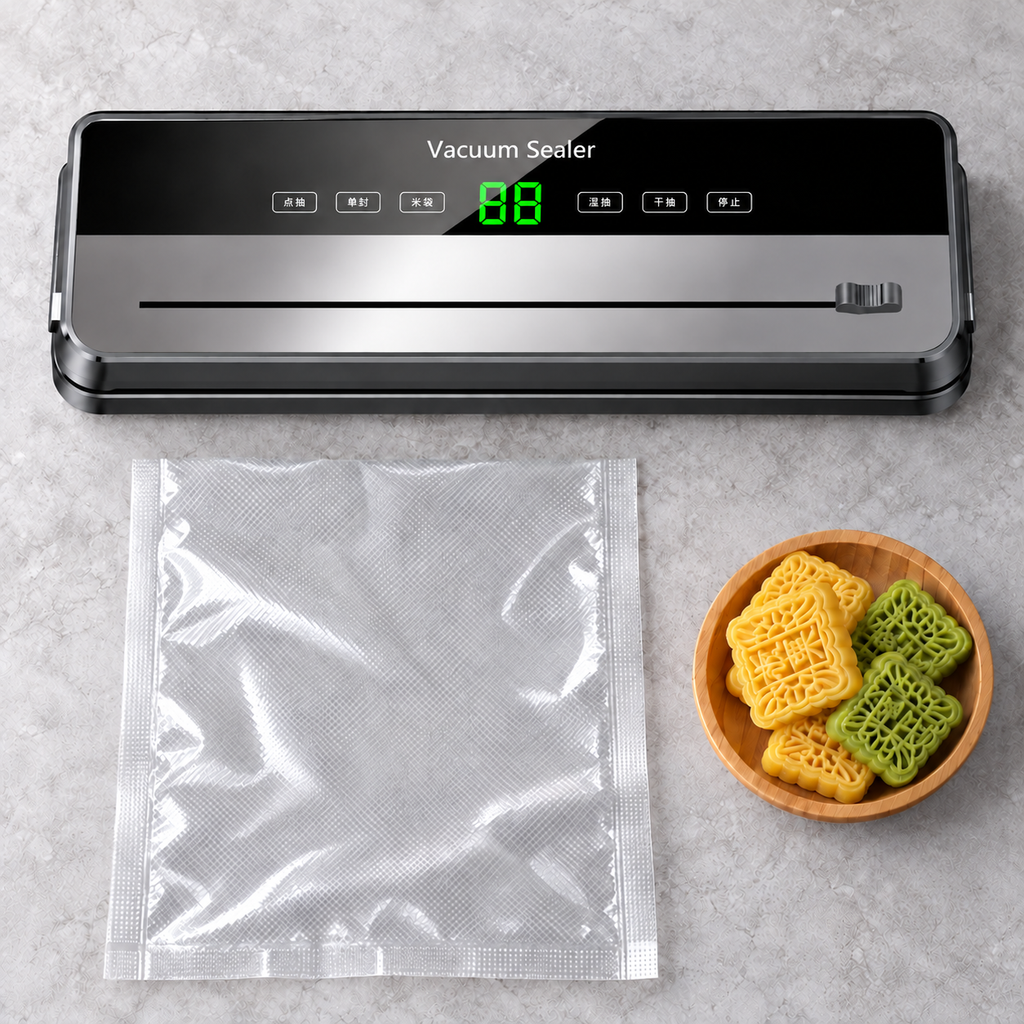 Overhead bag preparation station with closed gray sealer; food and bowl not included.