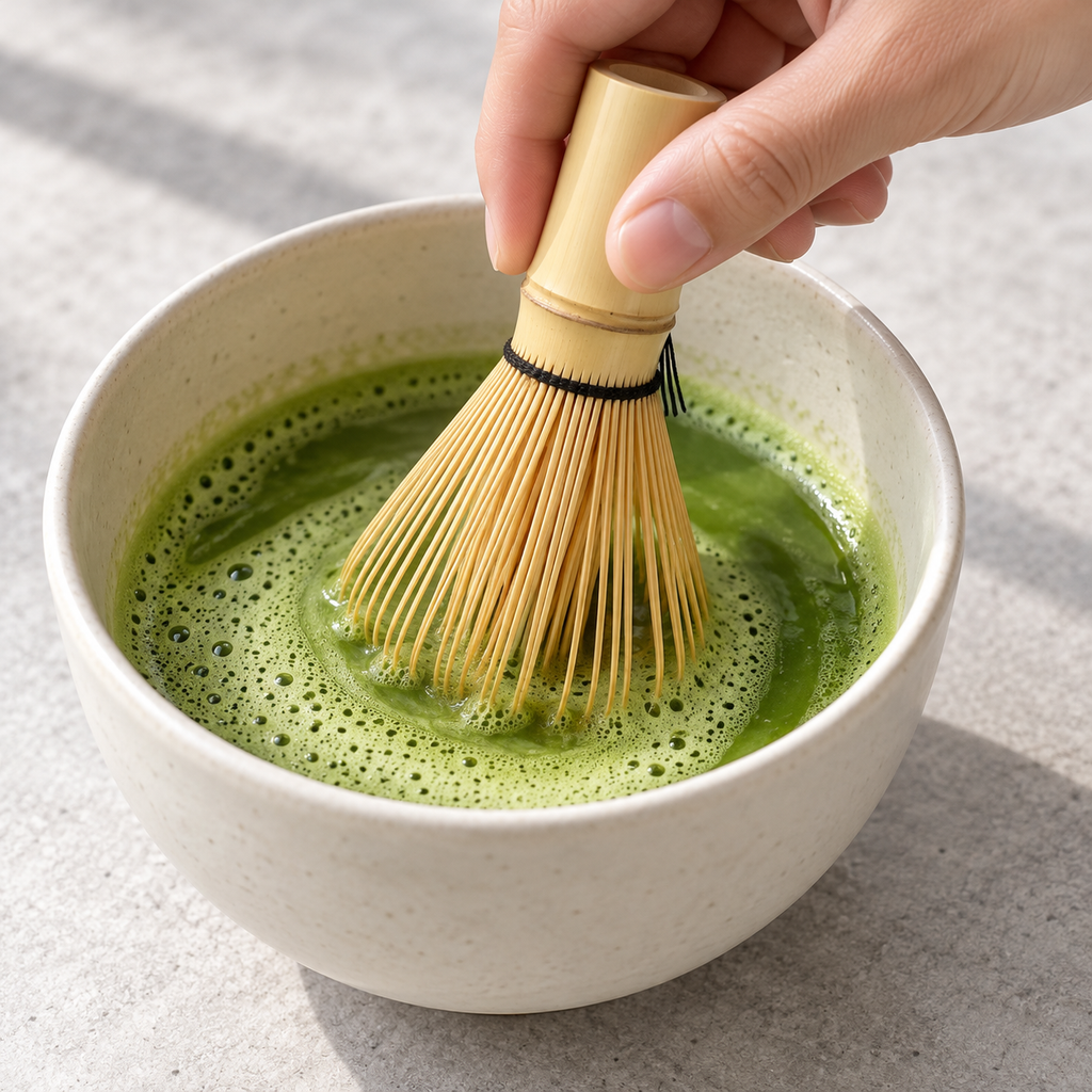 Bamboo matcha whisk in use in a bowl of matcha; bowl and tea are styling props and not included.