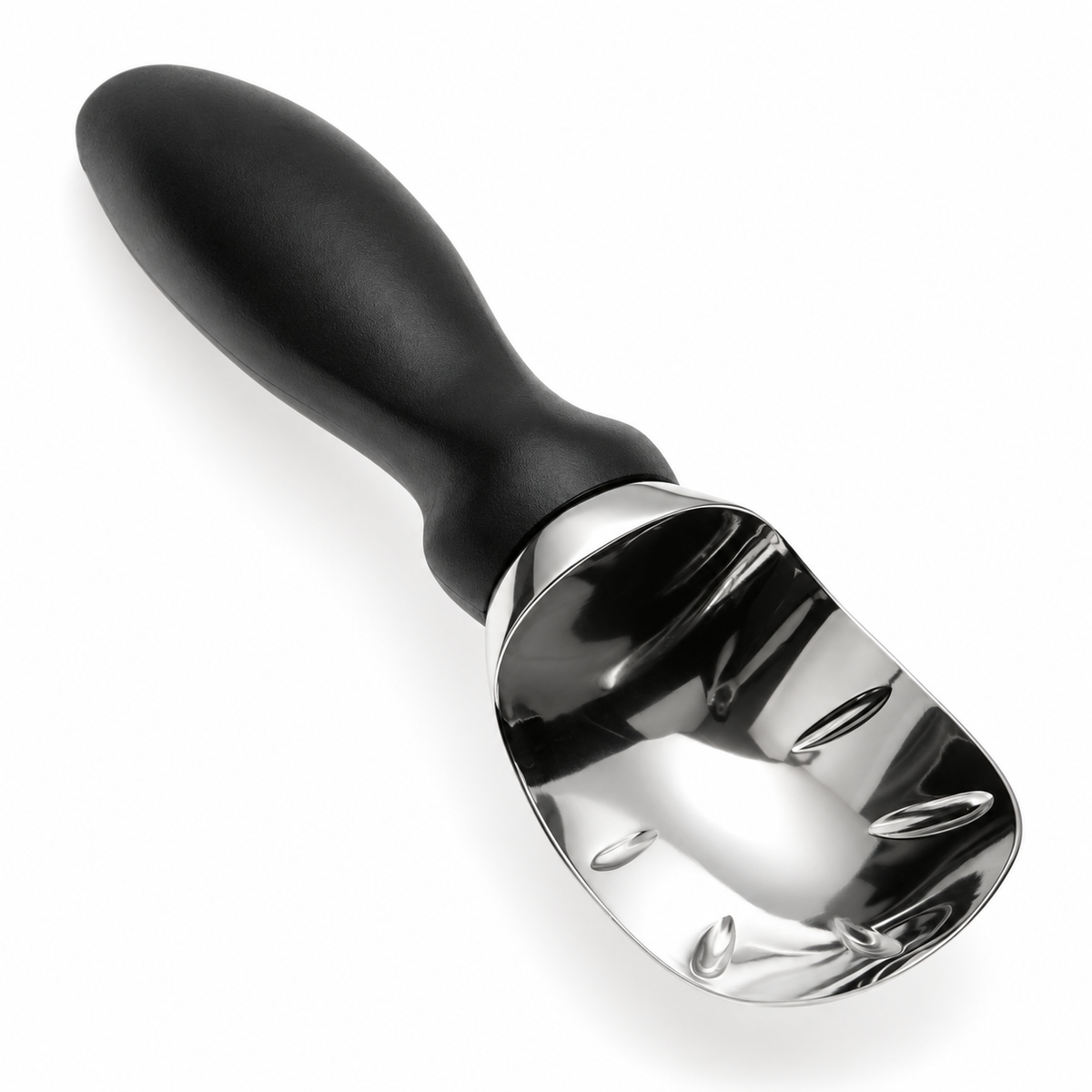 Black-handled metal ice cream scoop, studio view; one scoop in selected color.