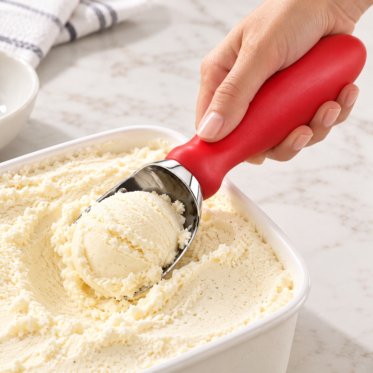 Red-handled scoop gathering a serving of ice cream; dessert not included.