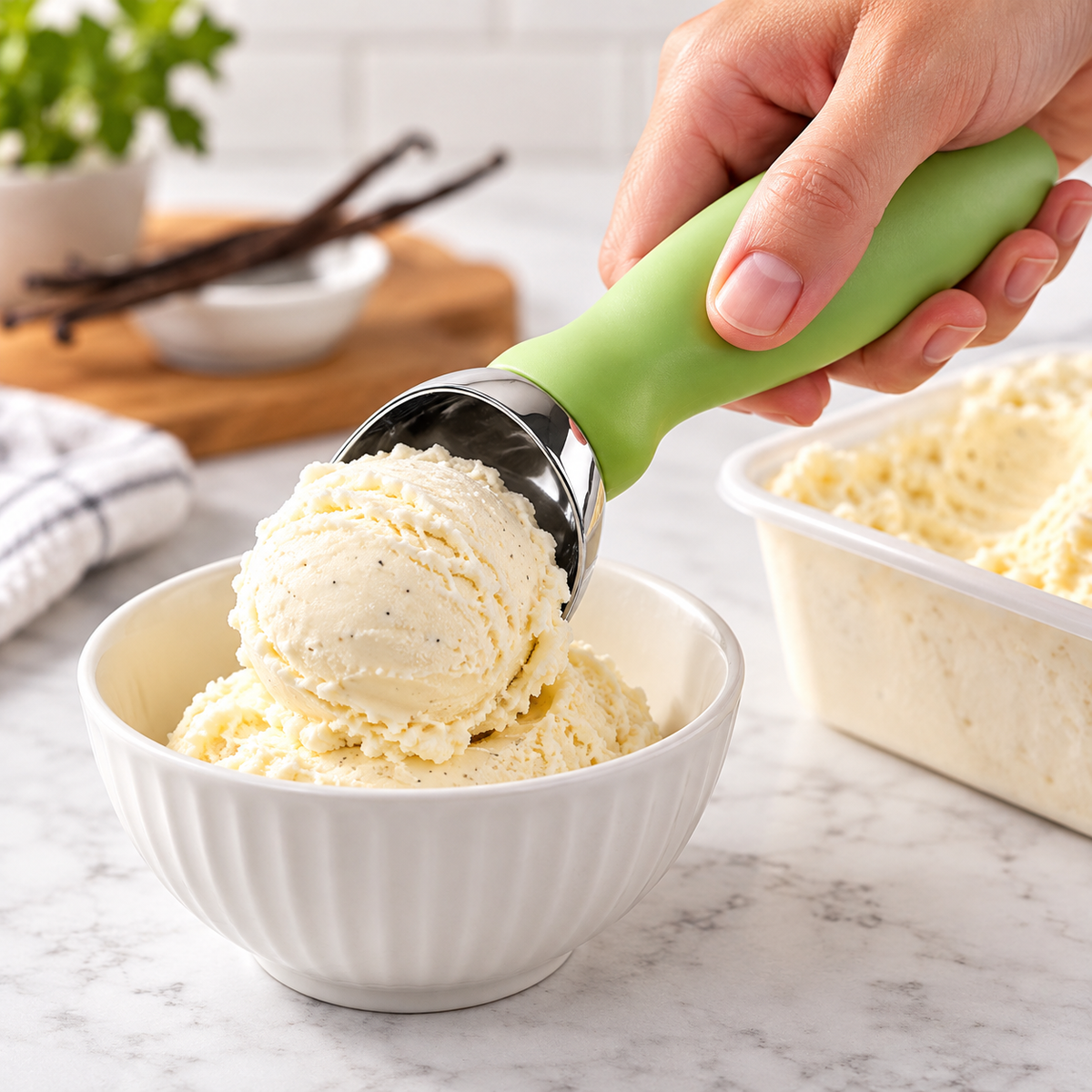 Green-handled scoop serving ice cream into a bowl; dessert and bowl not included.