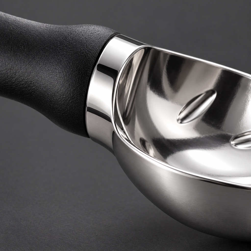 Close detail of the black scoop's metal bowl and handle junction.