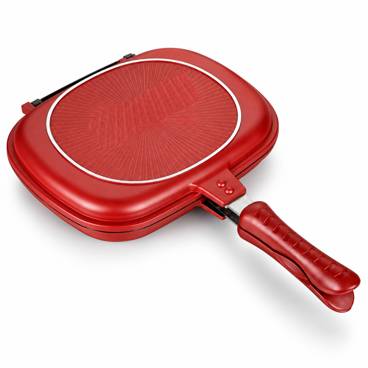 Red double-sided hinged square pan, closed studio view; one selected size.