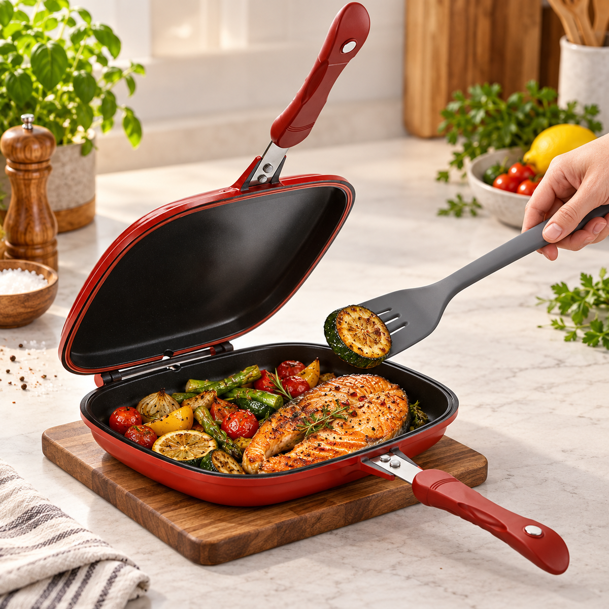 Open red hinged pan with cooked food being served; food and accessories not included.