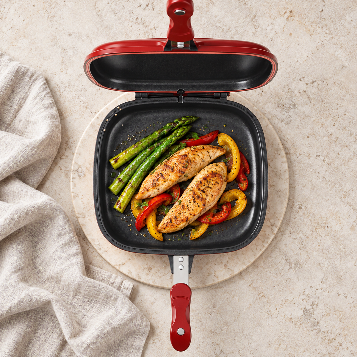 Overhead open red pan with a cooked meal; food and accessories not included.