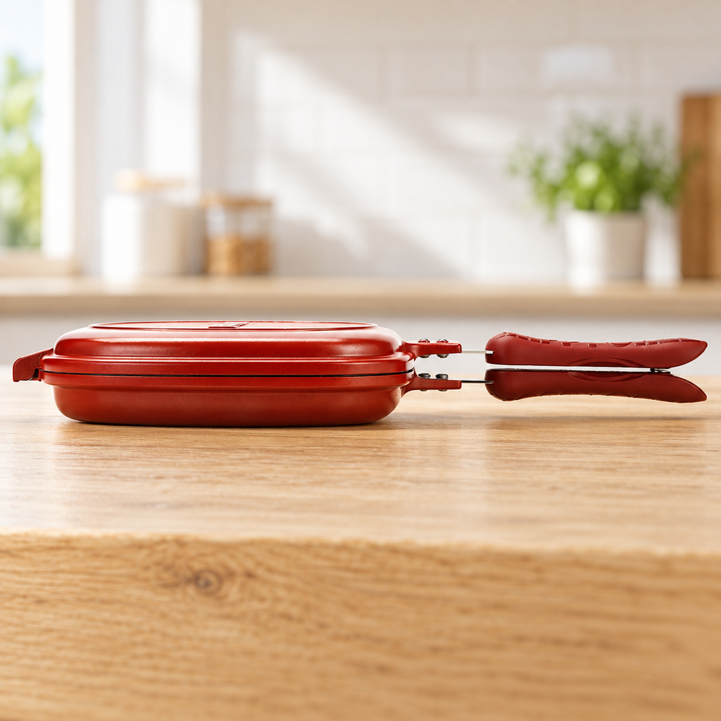 Side view of closed red double-sided pan showing both handles and the seam.