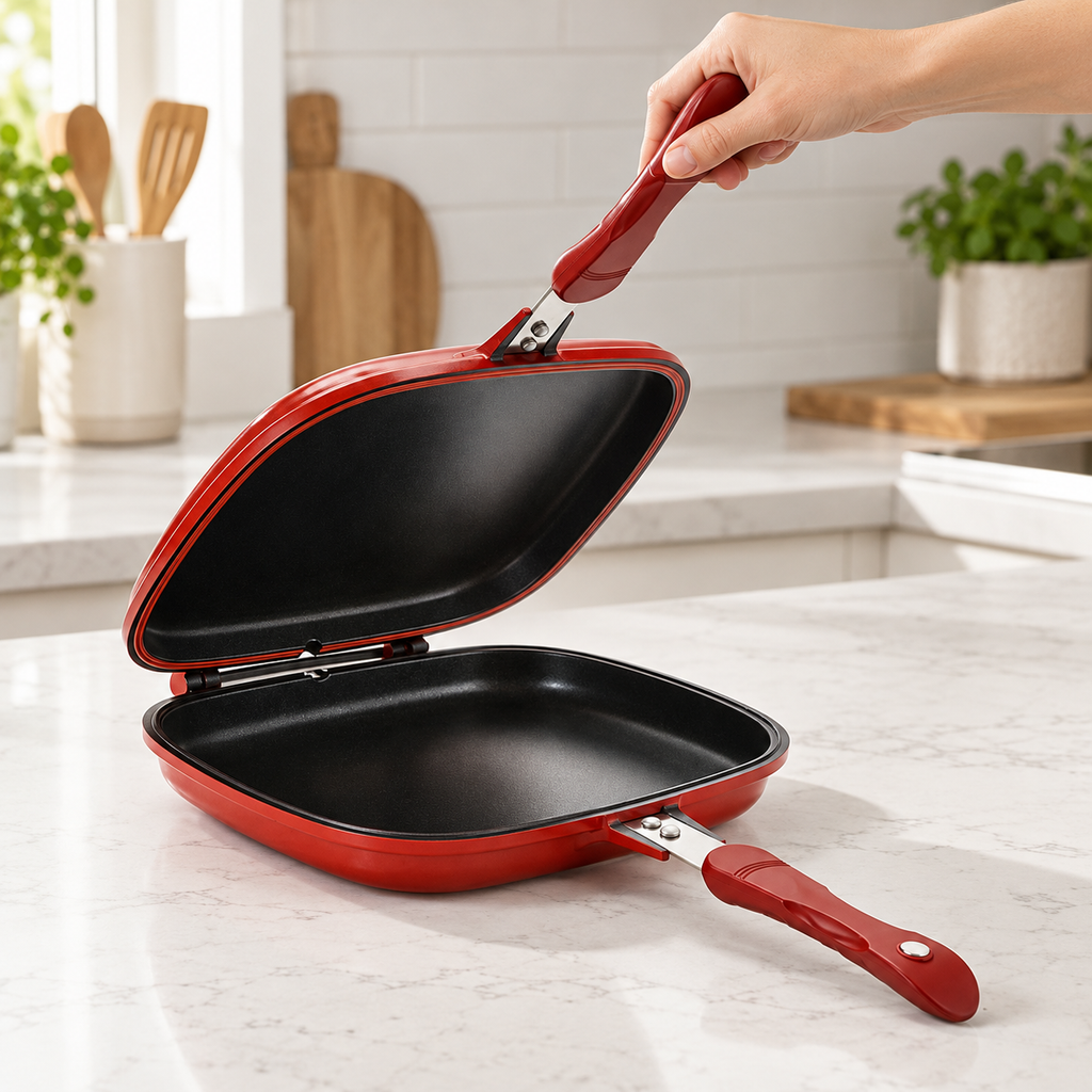 Adult hand opening the upper pan shell while the lower shell rests on a counter.