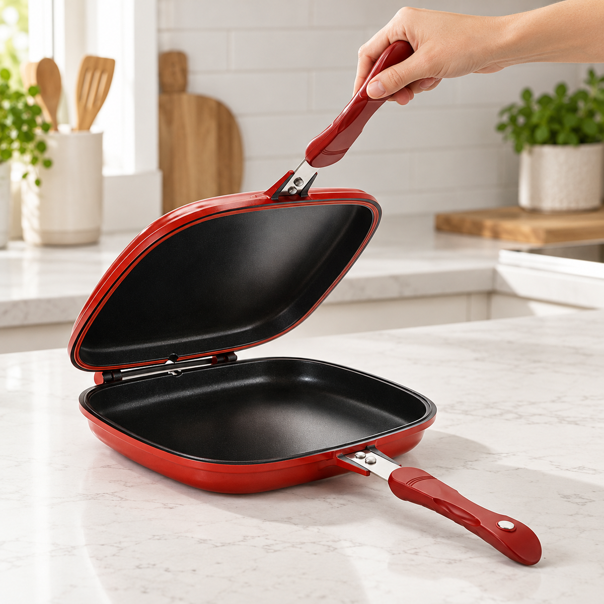 Adult hand opening the upper pan shell while the lower shell rests on a counter.